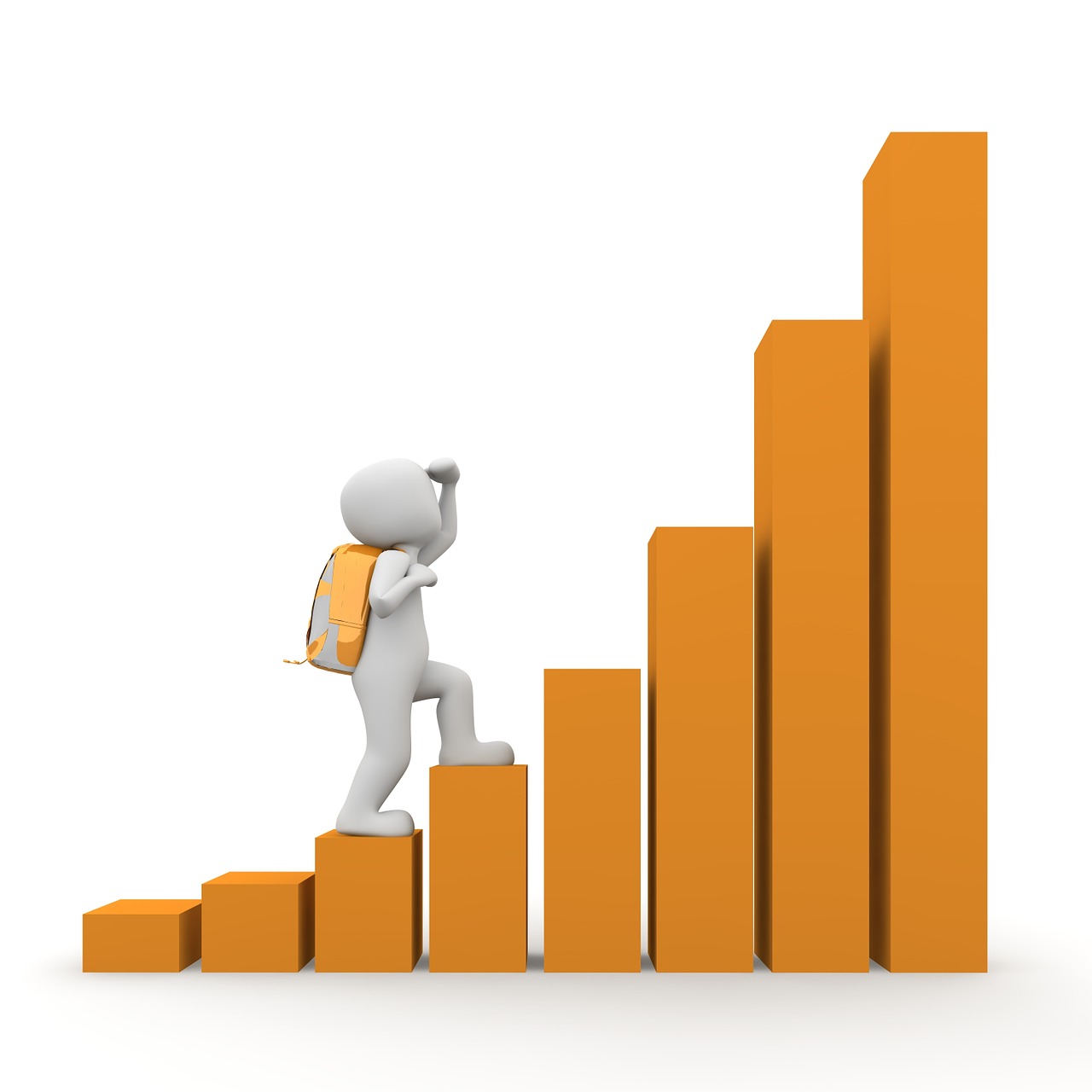 Clay figurine appearing to climb up a three dimensional bar graph with increasing orange bars